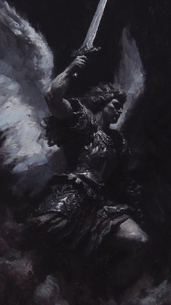 A dramatic, chiaroscuro-style painting depicts a powerful angel, wings partially visible, wielding a large sword. The angel's face is partially obscured by shadow, adding to the mysterious and intense mood. The dark, brooding palette emphasizes the figure's strength and determination, creating a visually striking image.  The style suggests a blend of classical and contemporary influences.