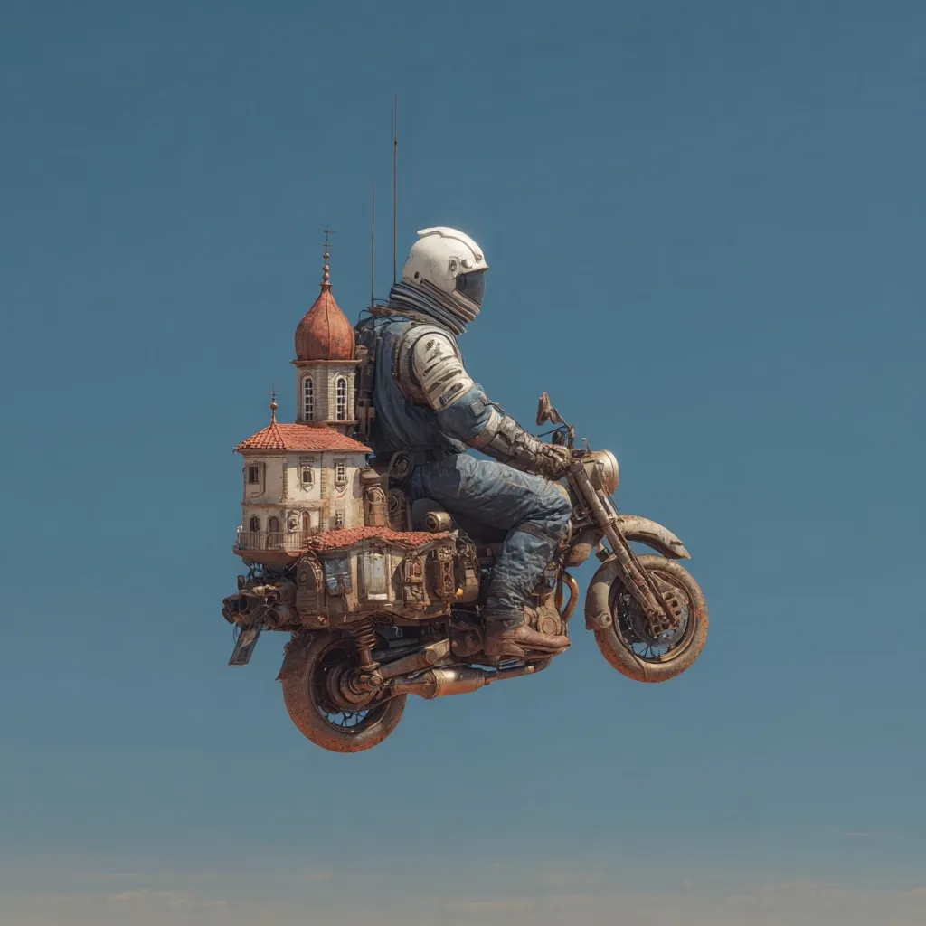 A digital artwork depicts an astronaut in a blue spacesuit riding a motorcycle that is carrying a small house. The motorcycle is airborne against a clear blue sky. The scene is surreal and evokes a sense of whimsical adventure. The astronaut's helmet and the house's terracotta roof contrast with the blue of the suit and the sky, creating a visually striking image.  The style is reminiscent of steampunk or science fiction art.