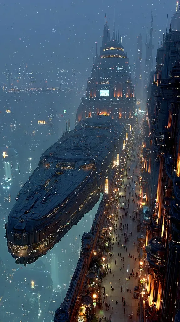 A colossal spaceship, seemingly a city in itself, hovers over a futuristic metropolis.  The vessel's dark hull is illuminated by internal lights, contrasting with the city's glowing structures and bustling streets below.  Tall, ornate buildings line a wide avenue teeming with pedestrians, creating a vibrant, otherworldly scene under a slightly hazy, star-speckled night sky.