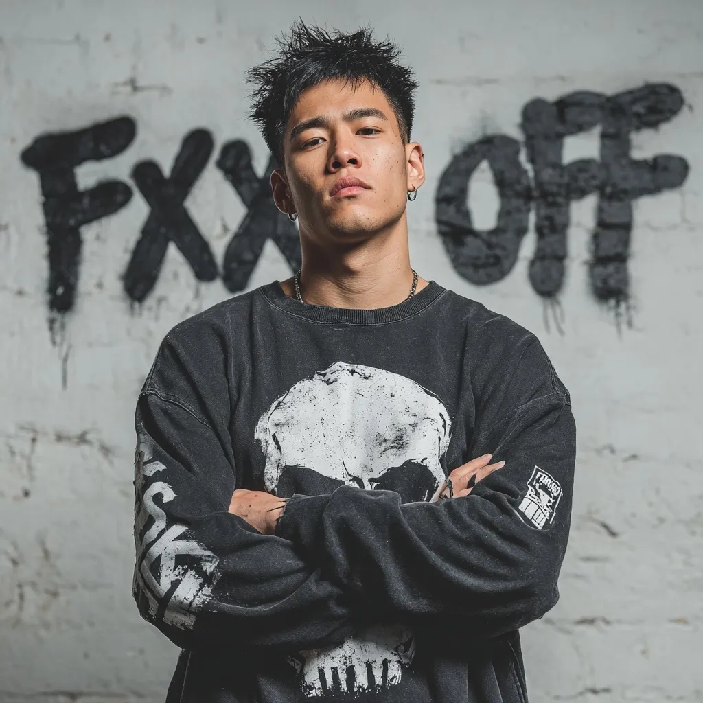 A young man with dark hair stands against a graffitied brick wall.  He's wearing a dark grey sweatshirt featuring a large skull graphic and his arms are crossed.  The graffiti behind him reads "FXX OFF" in bold, black lettering.  He has a serious expression and is wearing a simple silver necklace. The overall style is edgy and urban.