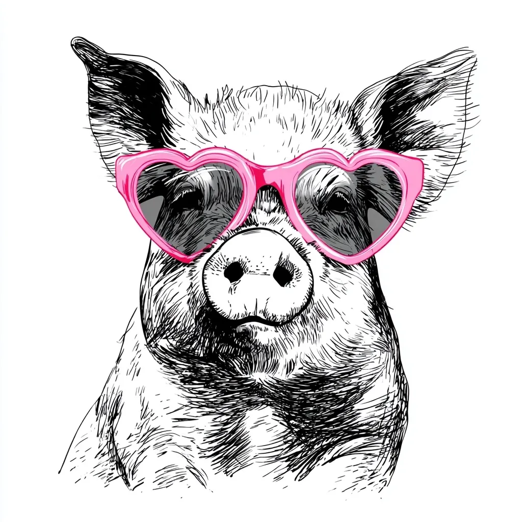A charming illustration of a pig wearing heart-shaped pink sunglasses. The pig's face is rendered in a detailed, black-and-white sketch style, contrasting with the vibrant pink eyewear.  The image is set against a clean white background, making the pig and its accessories the focal point.  The overall style is whimsical and fashionable.