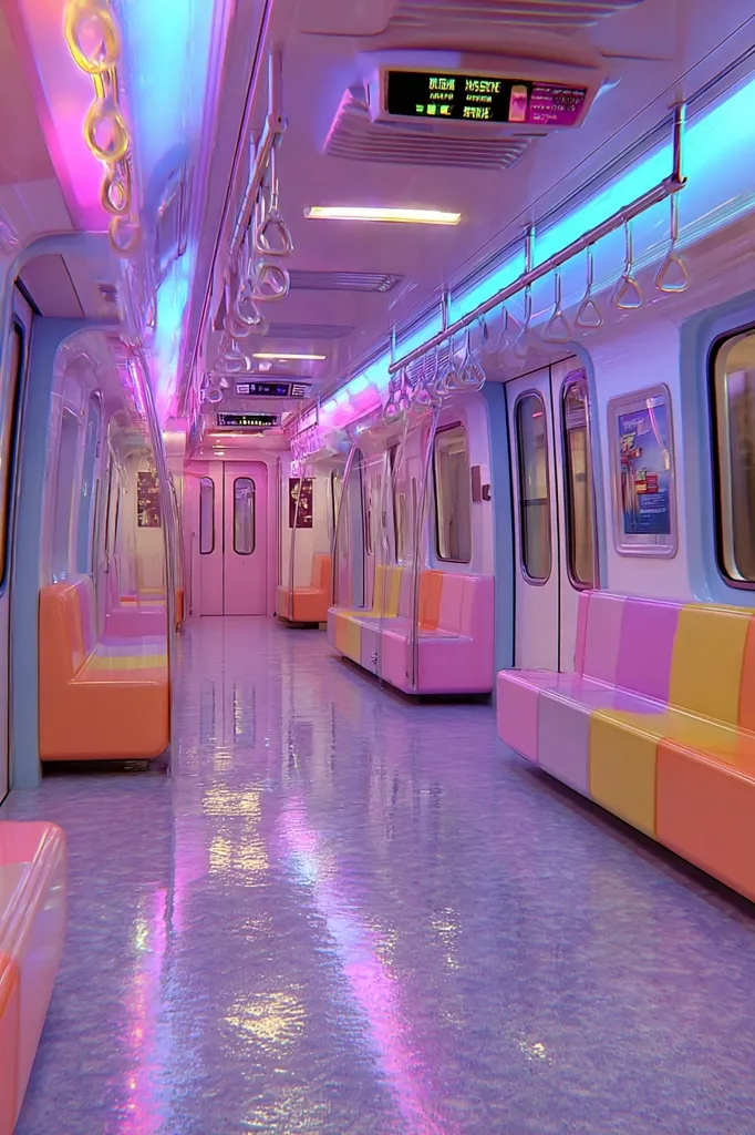 The interior of a subway car is brightly lit with purple and pink neon lights.  Pastel-colored seats line the walls, creating a cheerful and whimsical atmosphere. The glossy floor reflects the vibrant lighting, enhancing the overall dreamy aesthetic.  The clean, modern design features simple, rounded seating and overhead passenger grips.  The overall effect is strikingly bright and unusually cheerful for a public transportation setting.