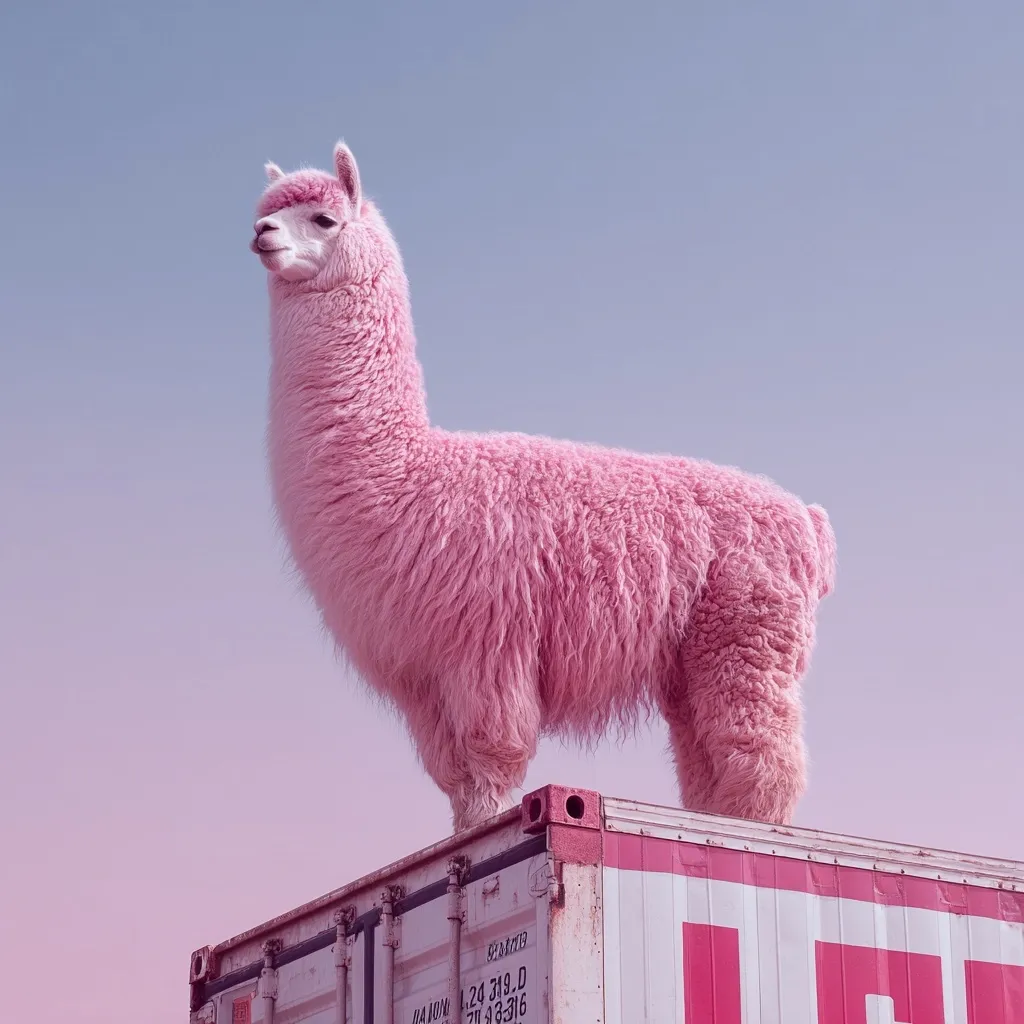 A fluffy pink alpaca stands majestically atop a weathered shipping container against a soft, pastel sky.  The alpaca's vibrant pink fur contrasts beautifully with the muted tones of the background and the container's faded markings. The scene is surreal and whimsical, evoking a sense of calm and unexpected charm.