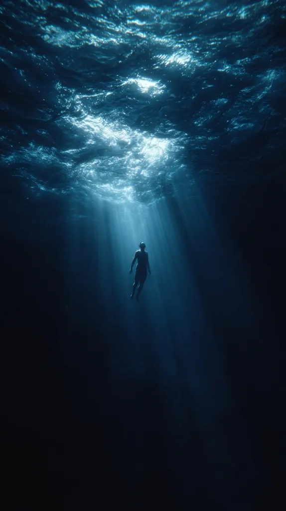 A lone figure, silhouetted against beams of sunlight penetrating the deep ocean, floats in the inky blackness. The water above is a swirling mass of dark blue, illuminated from above. The scene evokes a sense of mystery and solitude, the swimmer a small point of contrast in the vast, dark depths.  The image is dramatic and serene, capturing a moment of underwater stillness.