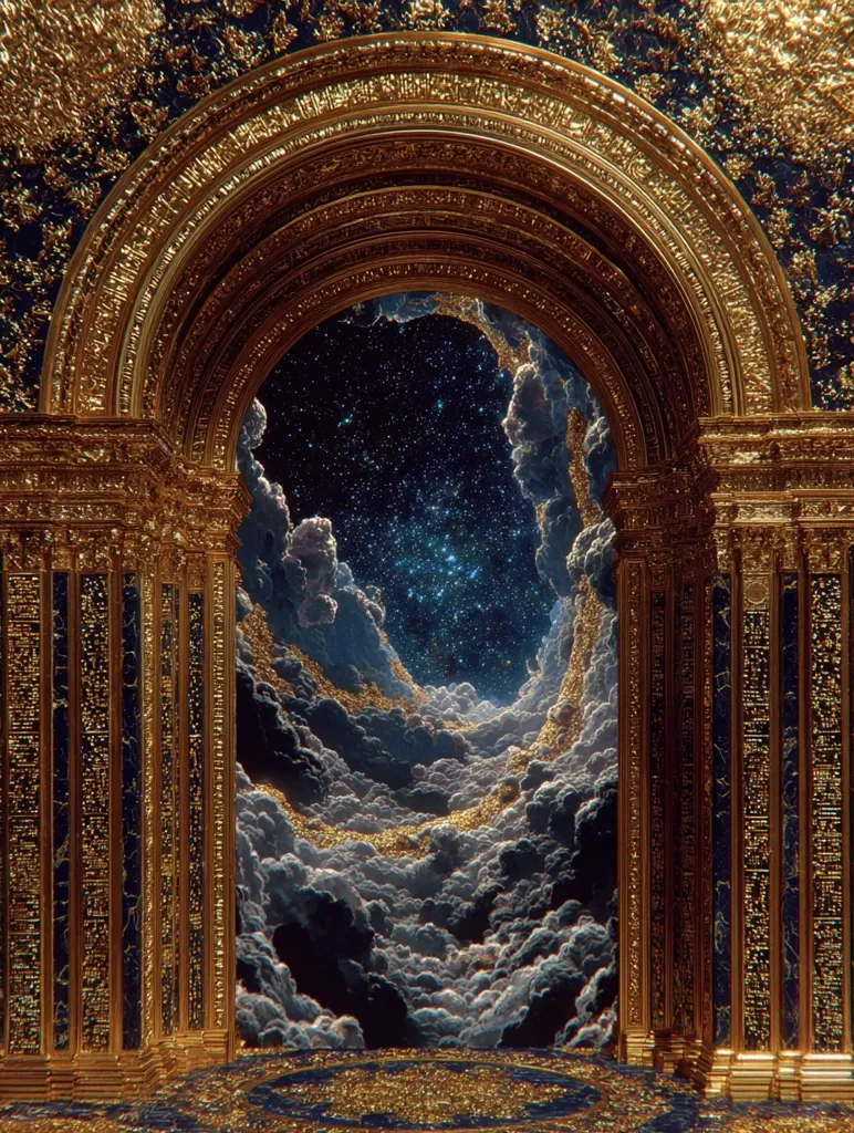 A grand, ornate golden archway, intricately carved with script, frames a breathtaking view.  Beyond, a celestial landscape unfolds: swirling clouds dusted with gold, leading to a star-studded night sky. The scene blends opulent architecture with fantastical cosmic elements, creating a surreal and awe-inspiring image. The rich gold and deep blues create a striking contrast.