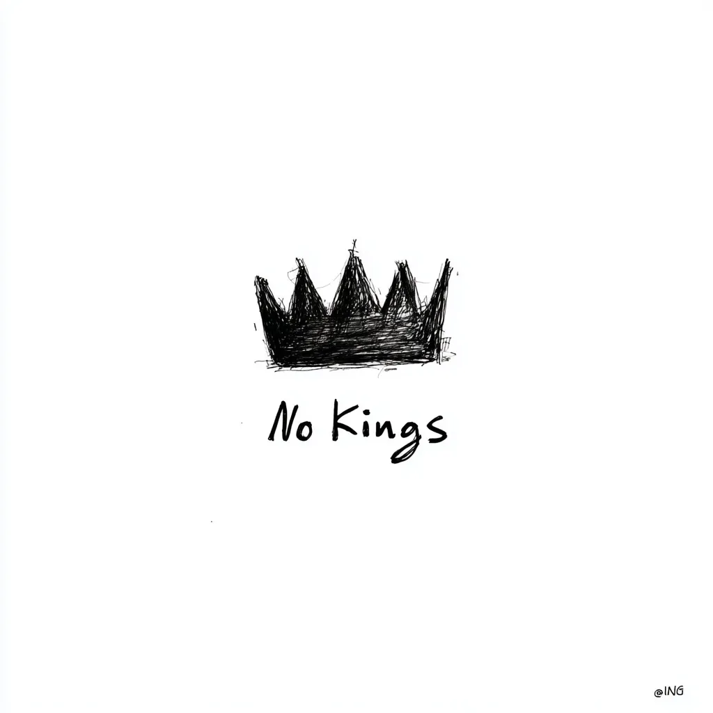 A hand-drawn sketch of a crown sits above the words "No Kings" on a white background. The crown is depicted in black, with a textured, slightly messy style suggesting a quick, expressive drawing.  The text is handwritten, simple, and complements the rebellious image of the crown. The overall aesthetic is minimalist and impactful.