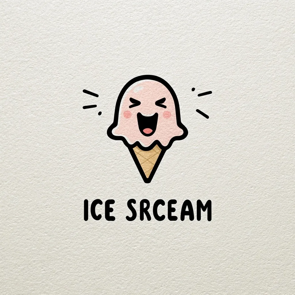 A playful logo features a cartoon ice cream cone with a wide, happy grin.  The ice cream is light pink, and the cone is a classic waffle style.  The text "ICE SRCREAM" is displayed below, with a slightly playful misspelling adding to the lighthearted design. The overall style is simple, cute, and perfect for a brand focused on fun and delicious frozen treats.