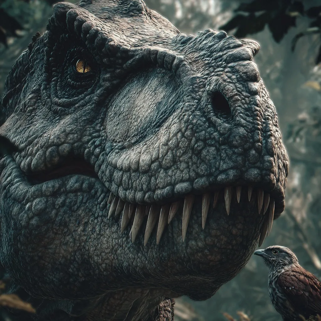A close-up reveals the imposing head of a Tyrannosaurus Rex, its textured skin and sharp teeth prominent.  The dinosaur's intense gaze contrasts with a small, unperturbed bird perched near its massive jaw.  The background is blurred, suggesting a lush, prehistoric environment. The image evokes a sense of both power and unexpected tranquility.