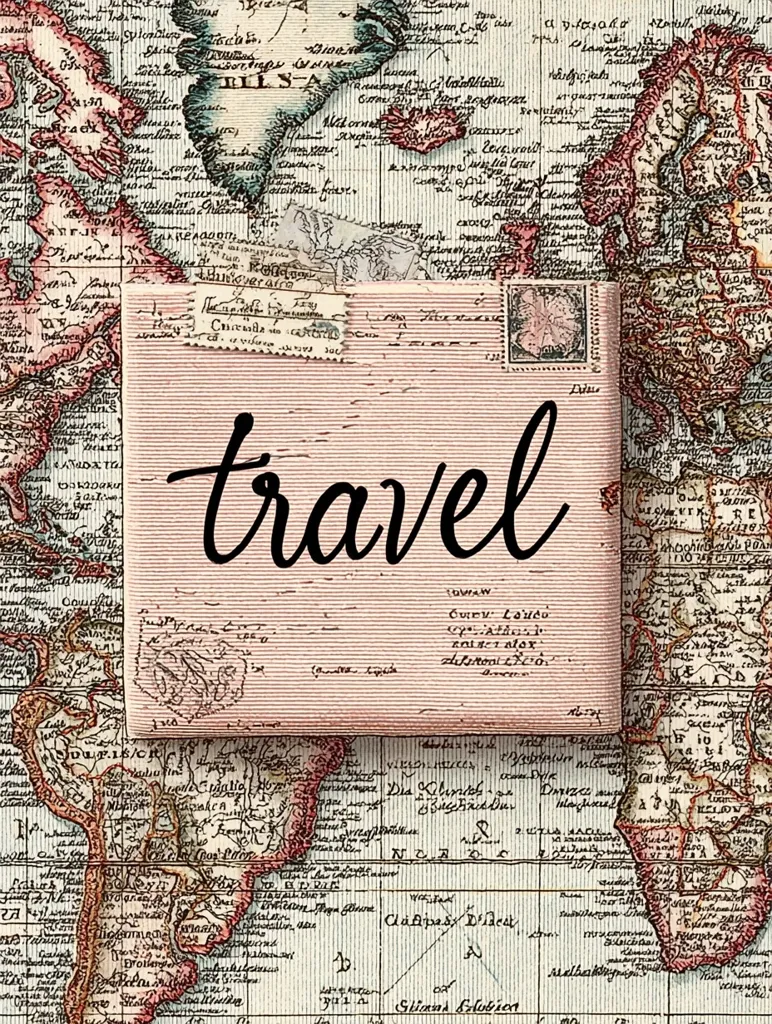 An antique map forms the backdrop for a design featuring a vintage-style postcard.  The postcard is a pale pink and features the word "travel" in elegant calligraphy.  The map's intricate details and aged appearance evoke a sense of exploration and adventure, complementing the central message. The overall aesthetic is vintage and romantic, ideal for travel-themed decor or ephemera.