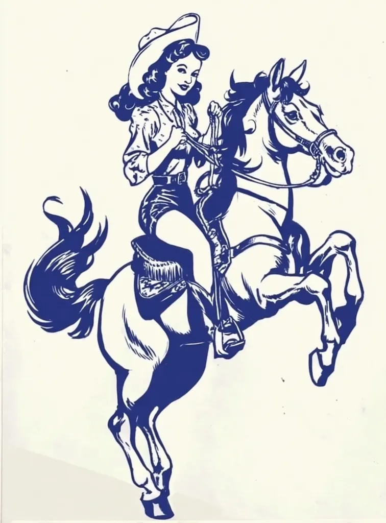 A stylized blue illustration depicts a cowgirl astride a rearing horse.  The cowgirl, with dark hair and a confident expression, wears a western hat and short shorts.  The horse is powerfully rendered, its muscles and mane detailed.  The overall style suggests a vintage print or poster, possibly from a Western-themed advertisement or publication. The image is bold and graphic in its simplicity.