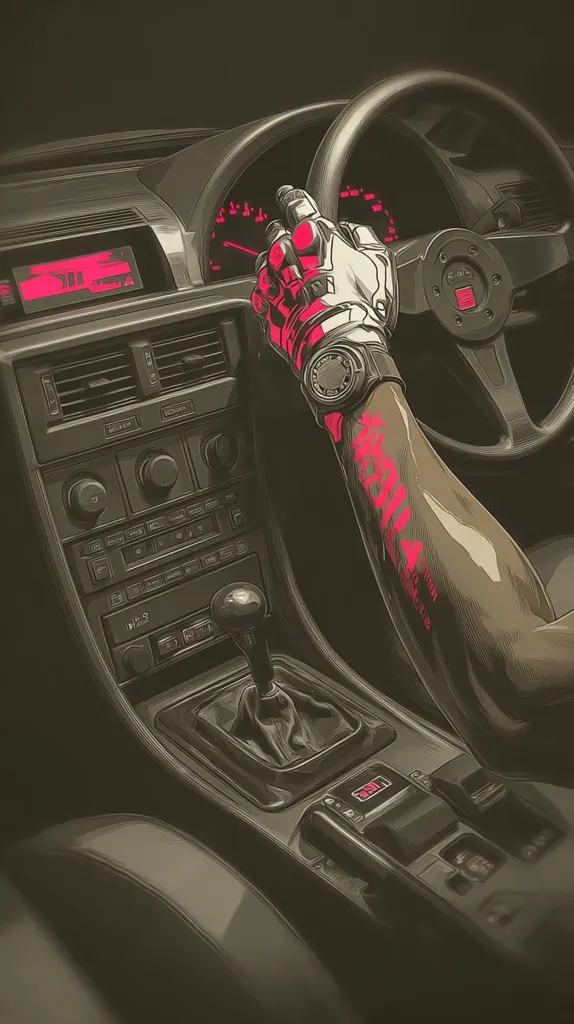A stylized illustration depicts a futuristic driver's perspective inside a vintage car.  The driver's arm, adorned with glowing pink kanji and a high-tech glove, grips the steering wheel. The car's interior is detailed, showcasing a classic dashboard with modern digital elements. The overall aesthetic blends retro and cyberpunk styles, creating a visually striking image.