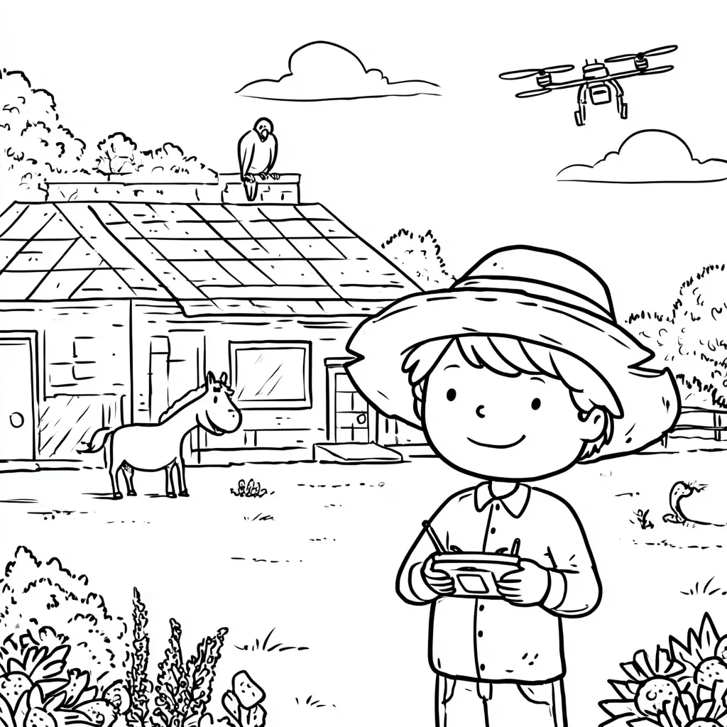 A young farmer, wearing a straw hat, stands in a yard holding a drone controller.  A small horse grazes nearby, and a bird perches on the roof of a house with solar panels. A drone flies overhead. The scene is idyllic and peaceful, showcasing a blend of traditional farming and modern technology.  Flowers and plants surround the yard.