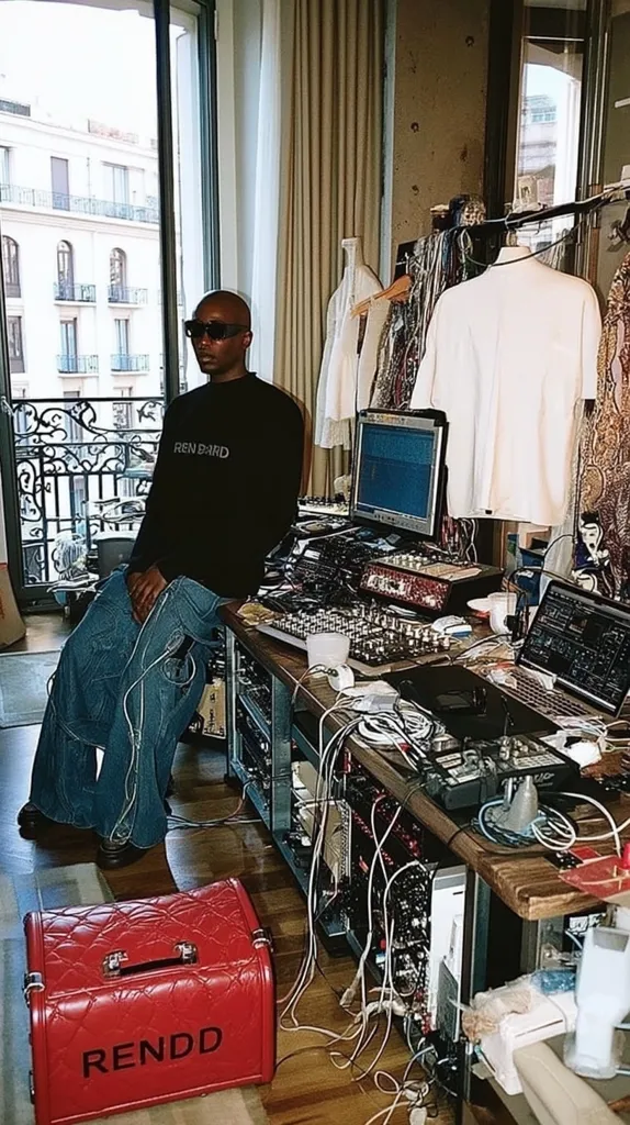A man sits in a music studio, wearing sunglasses and a black sweater with "RENDD" on it. He's surrounded by an array of electronic music equipment, wires, and a computer.  A red quilted case with the same logo sits on the floor. The room has large windows overlooking a city street and clothes hanging in the background, showcasing a blend of professional and personal spaces.