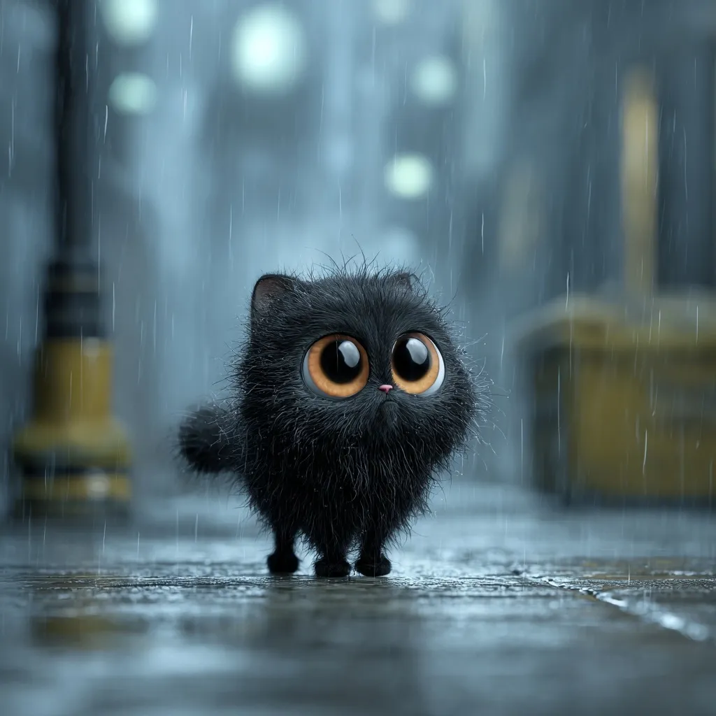 A fluffy black kitten with large, expressive eyes stands alone on a rain-slicked city street.  Raindrops fall around it, blurring the background city lights. The kitten appears small and somewhat forlorn in the rainy urban setting.  Its fur is thick and appears wet. The overall mood is melancholic yet charming.
