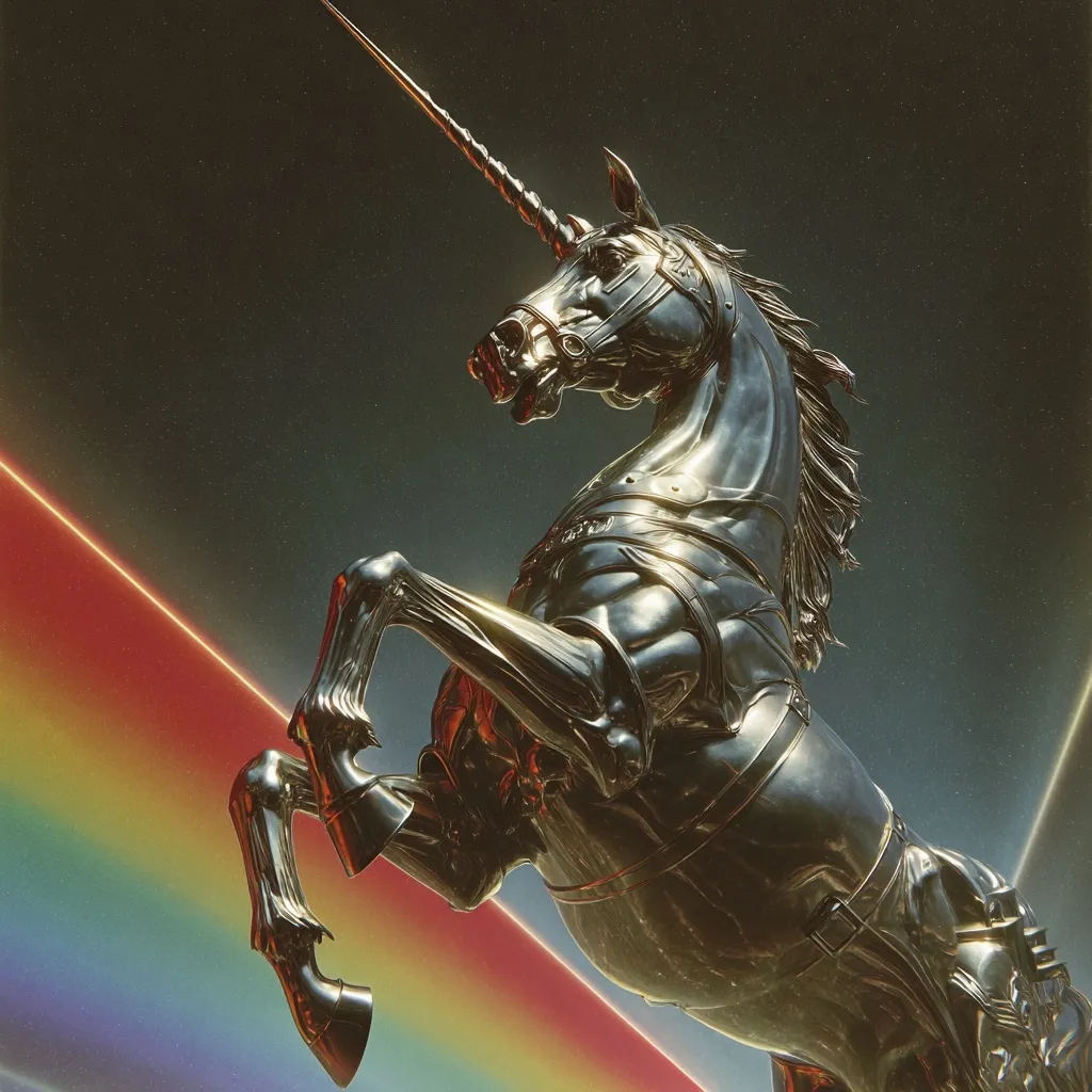 A majestic, metallic unicorn statue, rendered in gleaming silver, rears up against a backdrop of a vibrant, multicolored, cosmic streak.  The unicorn's musculature is meticulously detailed, showcasing a powerful and ethereal presence. The dark, star-speckled space enhances the statue's luminescence, creating a surreal and captivating image.