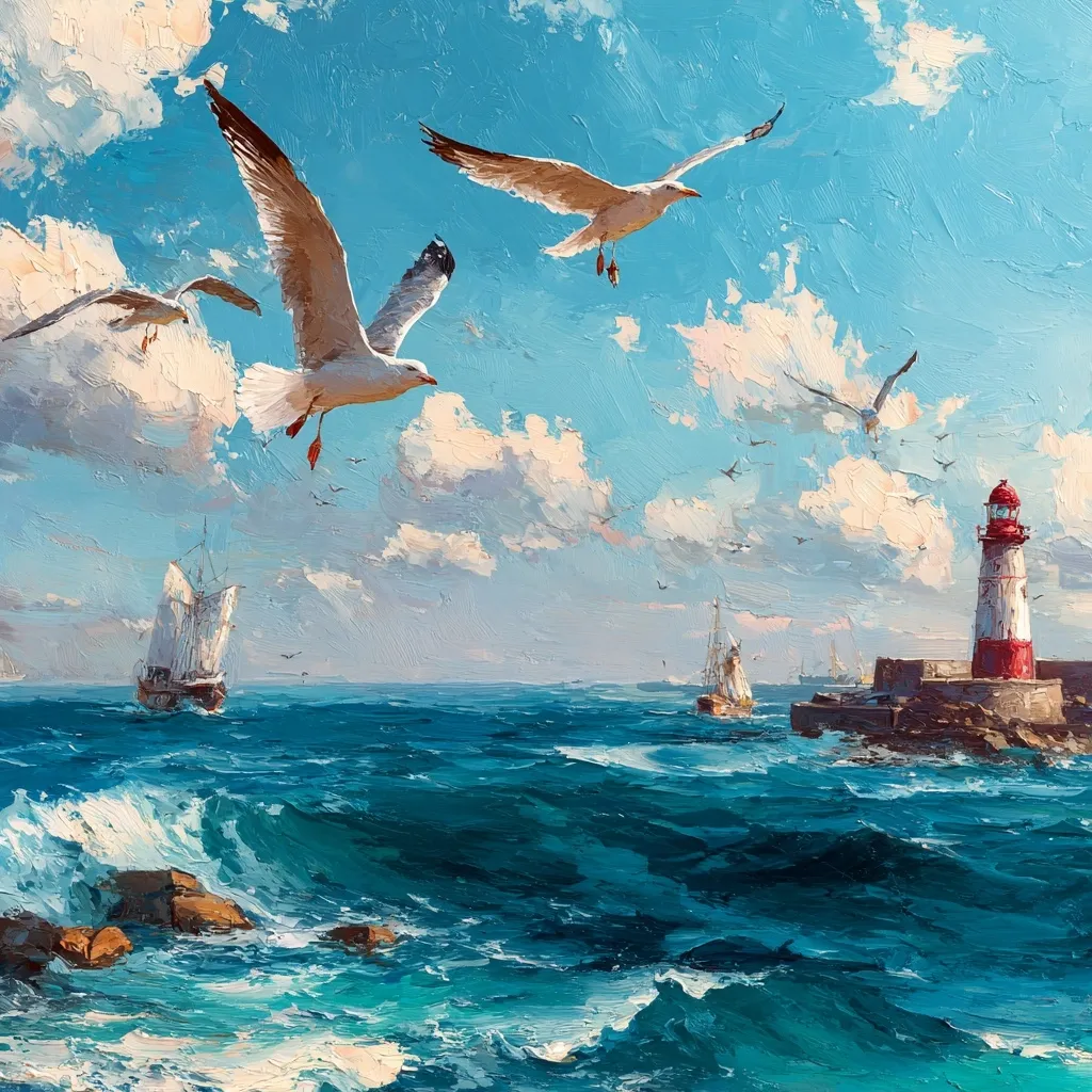 A vibrant oil painting depicts a seascape under a bright, partly cloudy sky. Three seagulls soar majestically against the azure backdrop. In the distance, several sailing ships navigate the deep blue ocean, headed towards a rocky outcrop crowned by a striking red and white lighthouse.  The painting captures the dynamic energy of the sea with choppy waves and rocky coastlines.