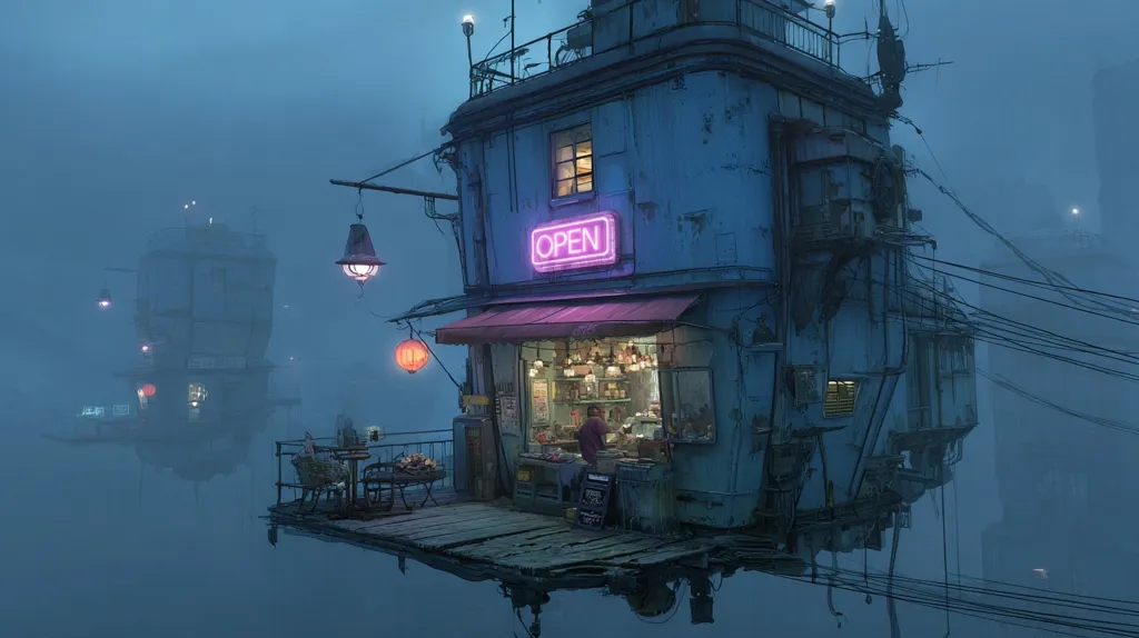 A futuristic shop, illuminated by a neon "OPEN" sign, floats on a misty waterway.  The building is weathered and multi-storied, with hanging lanterns and exposed wires adding to its aged, yet functional aesthetic.  Other similar structures are visible in the hazy distance, creating a surreal, atmospheric scene.  A lone figure attends the shop, adding a sense of solitude to the scene.