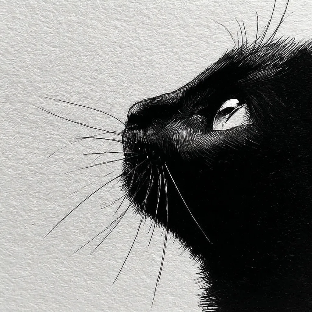 A detailed close-up illustration showcases the profile of a black cat's head, rendered in stark black and white.  Its whiskers extend outwards, sharply defined against a textured, light gray background. The cat's eye is partially visible, adding depth to the piece.  The artist's meticulous attention to detail is evident in the fur's texture and the delicate rendering of the whiskers.