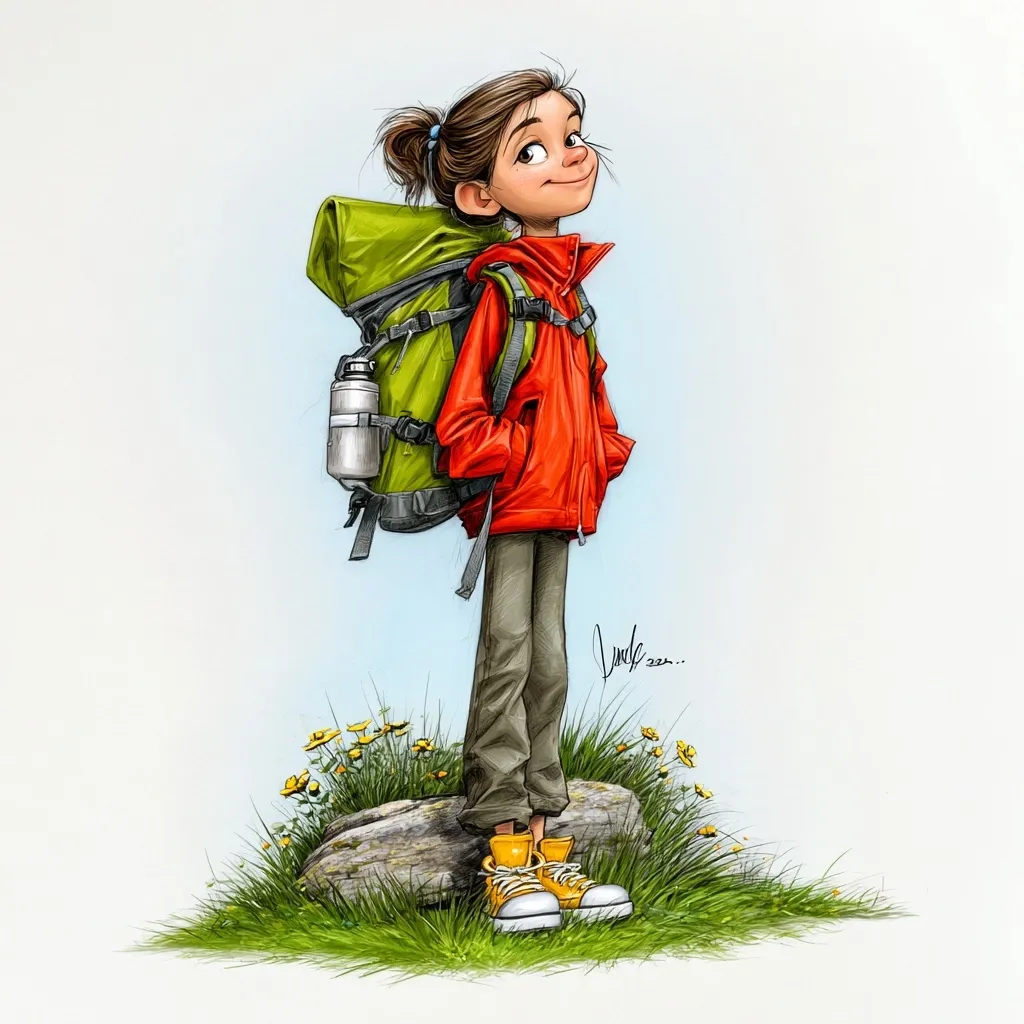 A cheerful girl, possibly a young hiker, stands on a rock, gazing upward.  She's wearing a bright red jacket, grey pants, and yellow sneakers.  A large green backpack, complete with a water bottle, is strapped to her back.  Wildflowers and grass surround the rock, suggesting a nature setting. The style is whimsical and digital, with a cartoonish quality.