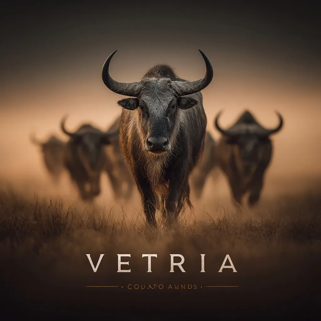 A large, dark-colored bull, with prominent horns, leads a herd of similar animals across a grassy plain.  The foreground is blurred, emphasizing the bull in sharp focus. The background suggests a hazy, golden light, possibly sunrise or sunset.  The image is titled "VETRIA," with the subtitle "COUATO AWNDS" below.