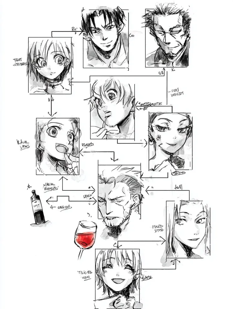 A complex family tree sketch, rendered in monochrome, depicts numerous individuals, possibly characters from a manga or anime.  Connections are drawn between portraits, suggesting relationships.  Handwritten notes and annotations are visible, adding context and possibly names or descriptions.  A wine bottle and glass are included, hinting at a symbolic or thematic element within the artwork. The style is rough and expressive, characteristic of concept art or character design.