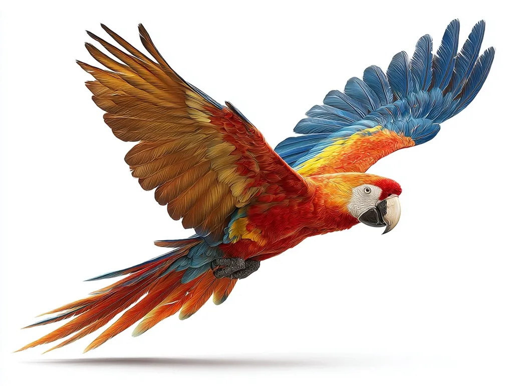 A scarlet macaw is depicted in mid-flight against a stark white background.  Its vibrant plumage showcases a blend of scarlet, orange, yellow, and blue feathers.  Wings are outstretched, displaying intricate feather details. The parrot's head is turned slightly, giving a clear view of its beak and intense gaze. The overall image is sharp, highlighting the bird's brilliant colors and dynamic pose.