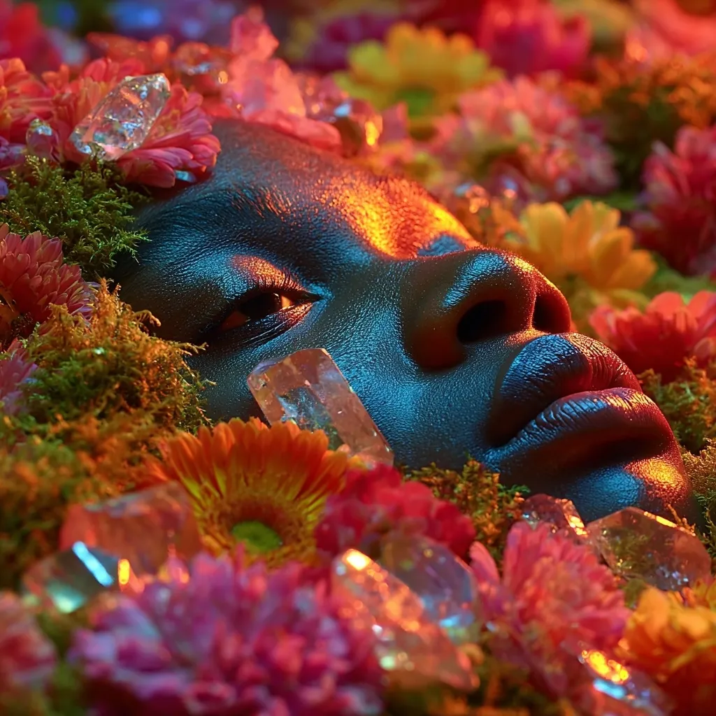 A close-up shot reveals a dark-skinned person's face, seemingly submerged in a vibrant arrangement of flowers and crystals.  The warm, saturated lighting enhances the rich colors of the scene, creating a mystical and dreamlike atmosphere.  The individual's eyes are partially closed, their expression serene and peaceful, nestled within the colorful floral and crystalline embrace.