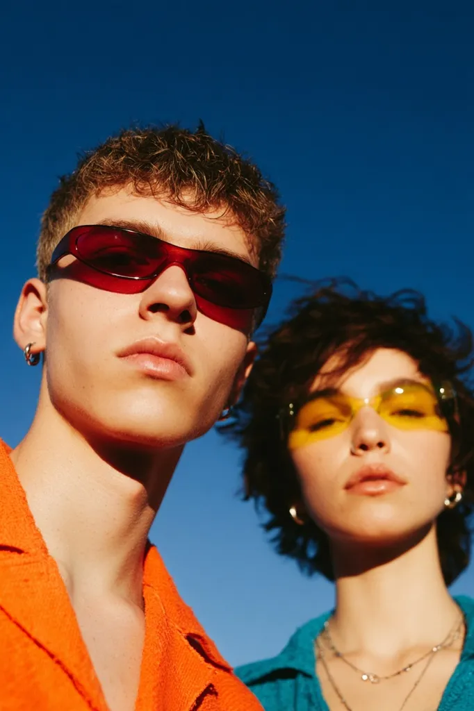 Close-up of a young man and woman, both wearing sunglasses against a vivid blue sky.  The man sports red sunglasses and an orange shirt, while the woman wears yellow sunglasses and a teal shirt.  Their faces are close together, creating a sense of intimacy and connection.  The bright sunlight casts shadows on their features, enhancing the overall vibrant aesthetic.
