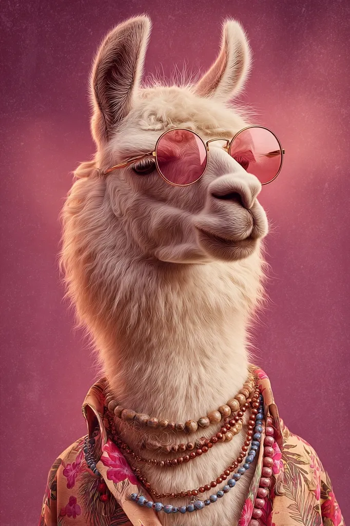 A fluffy white llama, sporting a pair of pink round sunglasses and adorned with multiple colorful beaded necklaces, is captured in a close-up shot.  The llama is wearing a floral, light peach-colored shirt. The background is a deep, rich magenta. The image is digitally rendered, with a focus on detail and texture in the llama's fur.  The overall mood is playful and whimsical.