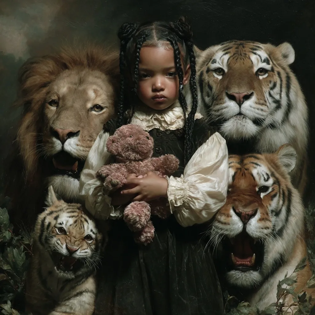 A young girl with braided hair, dressed in a dark velvet dress and white puffed sleeves, holds a teddy bear.  She is surrounded by a majestic lion and two tigers, their expressions ranging from serious to slightly aggressive. The painting's dark palette and realistic rendering create a dramatic and slightly unsettling atmosphere. The girl's serene expression contrasts with the wild animals, suggesting a theme of innocence amidst power and danger.