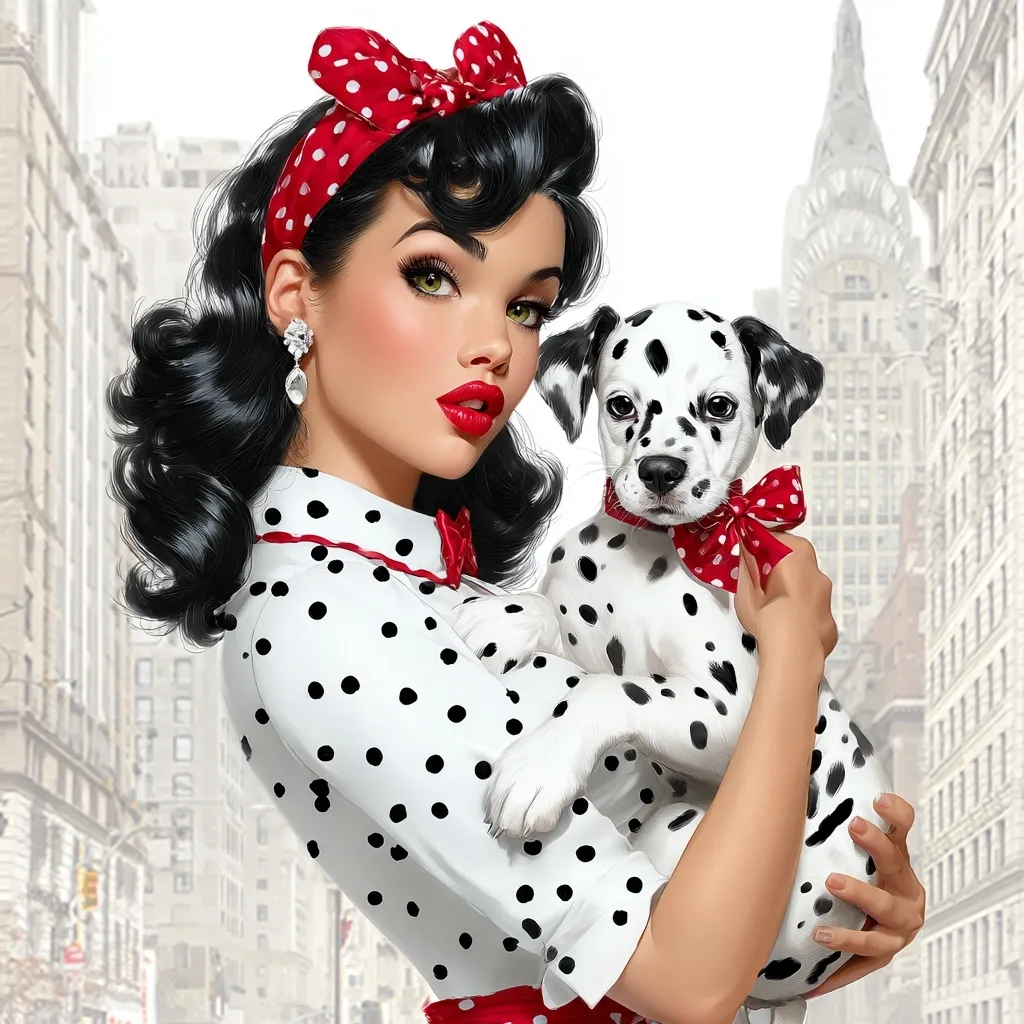 A stylized pin-up girl with dark, voluminous hair, wearing a white polka-dot dress and red headband, lovingly cradles an adorable Dalmatian puppy.  Both are adorned with red polka-dot bows.  The backdrop features a blurred cityscape, hinting at a New York setting with a tall building visible in the distance. The image is rendered in a vibrant, almost hyperrealistic style.