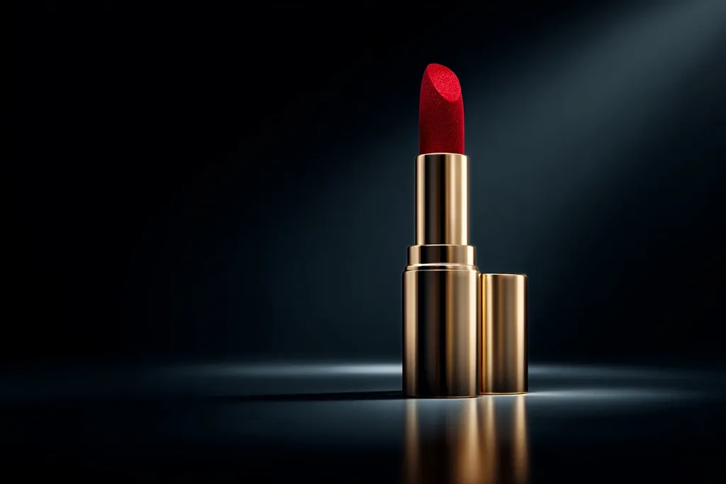 A single tube of luxurious red lipstick stands on a dark surface, illuminated by a spotlight.  The gold casing gleams, reflecting the light.  The cap lies beside it, emphasizing the rich color of the lipstick and the elegant design of the packaging. The dark background enhances the product's sophistication.