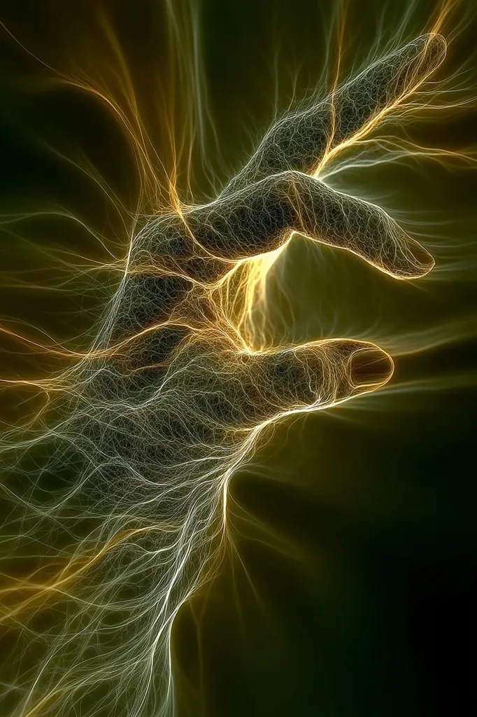 An abstract image depicts a hand rendered in glowing, ethereal energy.  Intricate, luminous lines resembling lightning or neural pathways form the hand's shape, emanating outward into a swirling, dark background.  The golden and greenish hues create a mystical and powerful effect, suggesting connection or the flow of unseen forces. The overall impression is one of otherworldly energy and potential.