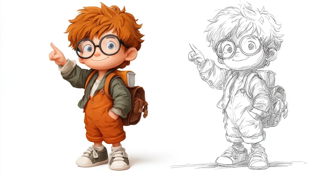 A charming illustration showcases a playful, bespectacled boy, rendered in both vibrant color and a preliminary pencil sketch.  The boy, with bright orange hair and overalls, carries a backpack and points upwards with one finger.  The color version displays a lively, three-dimensional character, while the sketch provides a glimpse into the artistic process.  Both versions capture the same energetic and inquisitive spirit.