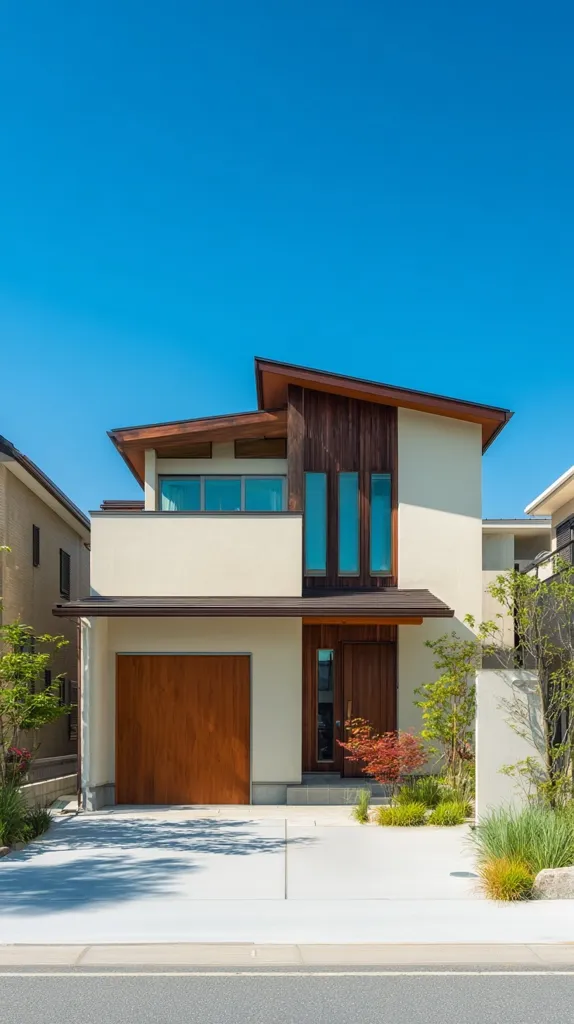 A modern two-story house with a light beige exterior and dark brown wood accents stands against a vibrant blue sky.  The design features a sloped roof, large windows, and a wooden garage door.  Landscaping includes neatly trimmed shrubs and grasses, creating a clean and contemporary aesthetic.  The driveway is light-colored concrete, complementing the house's minimalist style.