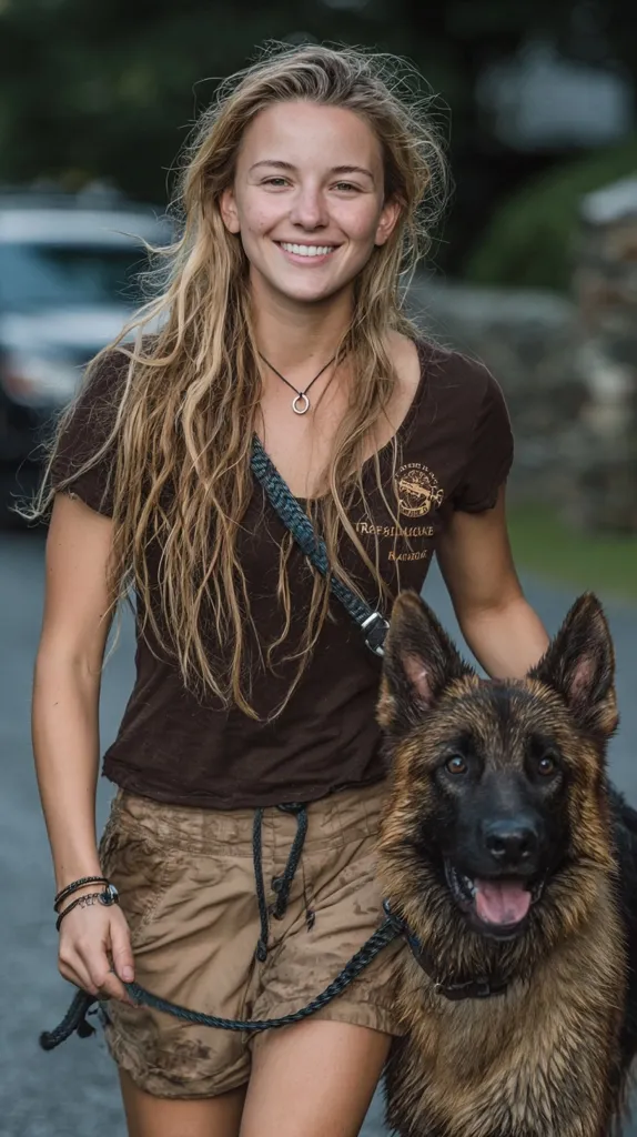 A young woman with long, blonde hair smiles warmly at the camera. She's wearing a brown t-shirt with a logo and khaki shorts, and several bracelets adorn her wrists.  She's walking a large, wet German Shepherd dog on a braided leash. The background is blurred, showing a rural setting with cars and greenery.  The overall mood is relaxed and happy.