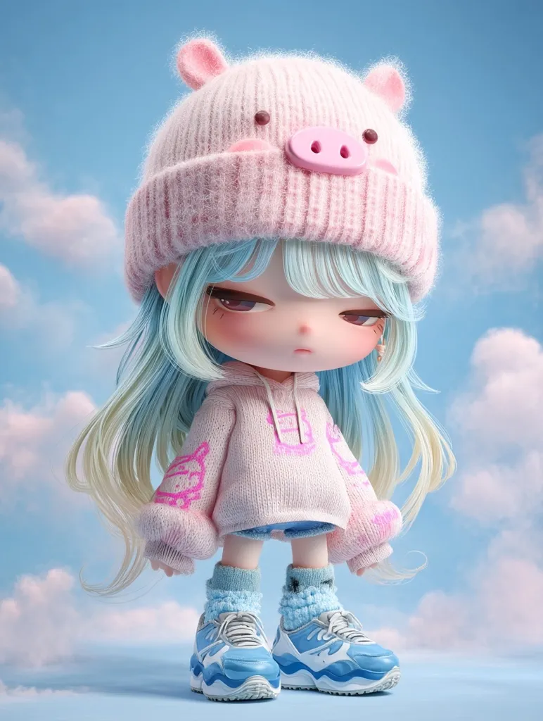 A 3D-rendered illustration of a cute chibi-style girl. She has long, light blue hair, and wears a pink pig-shaped beanie, a pale pink hoodie with faint pink designs, light blue socks, and chunky blue sneakers.  Her expression is slightly sullen. The backdrop is a soft blue sky with fluffy white clouds, enhancing the dreamy atmosphere.