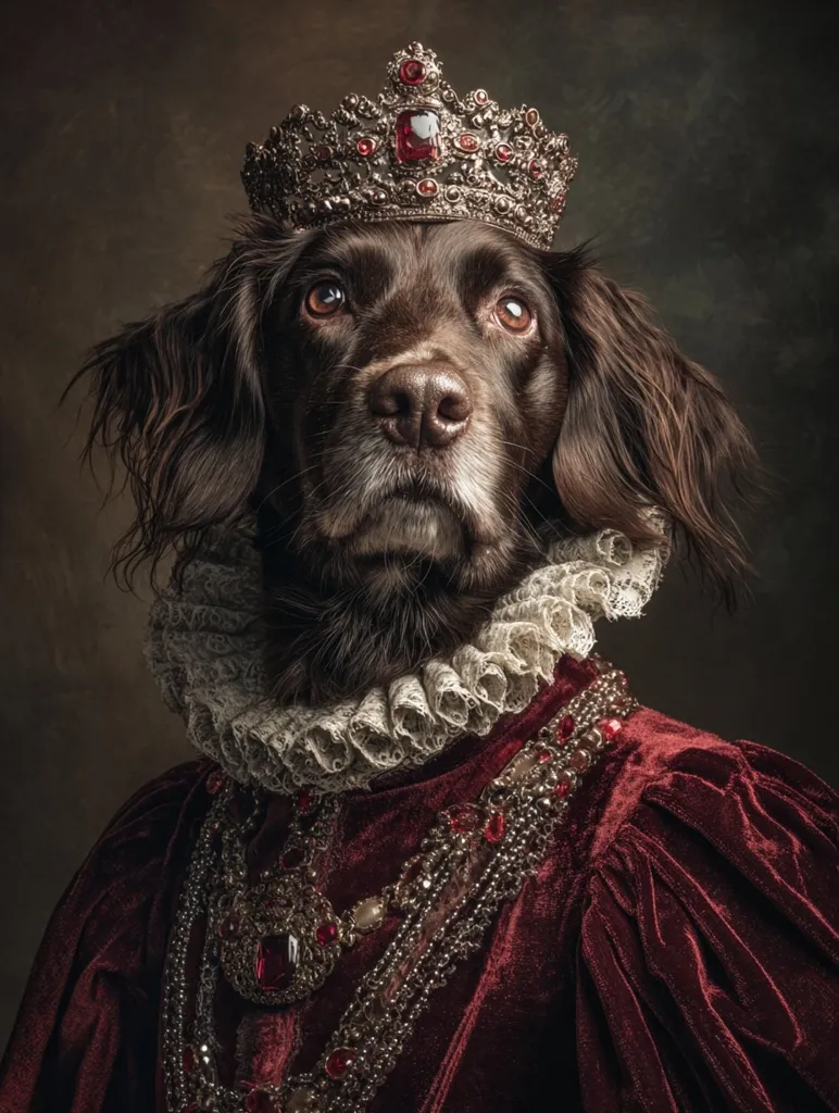 A regal-looking brown dog is portrayed in a renaissance-style portrait.  It wears a jeweled crown, a rich burgundy velvet robe adorned with elaborate lace and ornate necklaces featuring large red gemstones. The dog's serious expression and the opulent clothing create a majestic and humorous image, reminiscent of classic royal pet portraits. The dark background enhances the rich colors of the attire and the dog's fur.