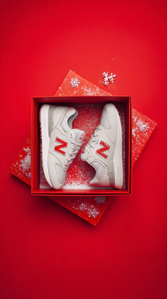 A pair of light grey New Balance 574 sneakers with red "N" logos are nestled in a red gift box.  The box sits on a red background sprinkled with artificial snow and small snowflake decorations, creating a festive holiday scene. The overall image evokes a feeling of Christmas cheer and a thoughtful gift.