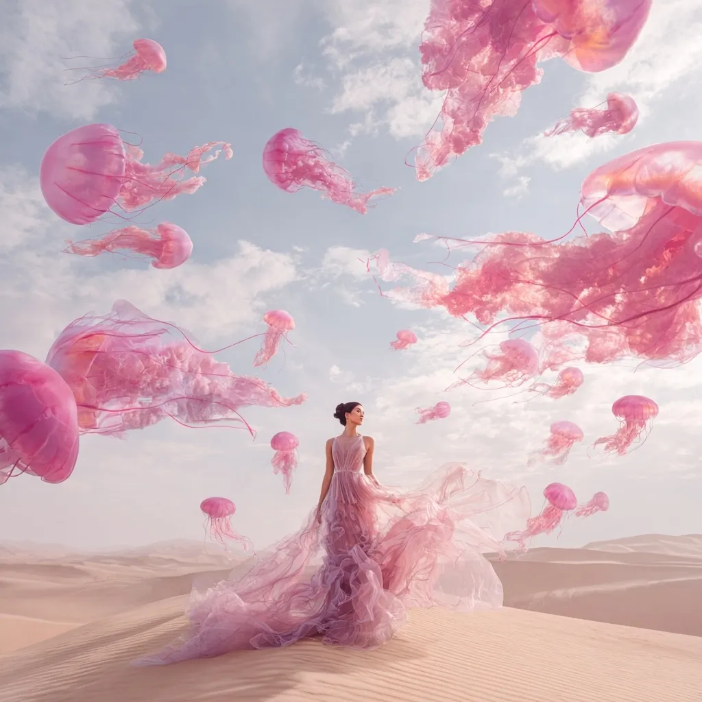 A woman in a flowing, pale pink gown stands in a desert landscape.  Surrounding her are numerous translucent, pink jellyfish floating in the sky. The scene is surreal and dreamlike, with soft pastel colors and a peaceful atmosphere. The jellyfish appear weightless, creating a magical contrast against the sand dunes. The overall impression is one of ethereal beauty and tranquility.