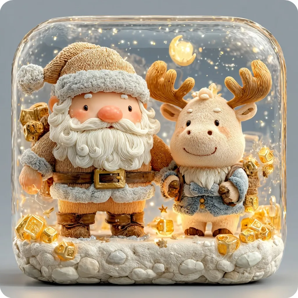 A charming Christmas scene is encased in a clear glass dome.  A cute, chibi-style Santa Claus, with a fluffy beard and carrying gifts, stands beside a friendly reindeer.  Small golden presents and twinkling lights are scattered around them on a snowy base, creating a magical, miniature winter wonderland.  A crescent moon peeks through the snow, adding to the festive ambiance.