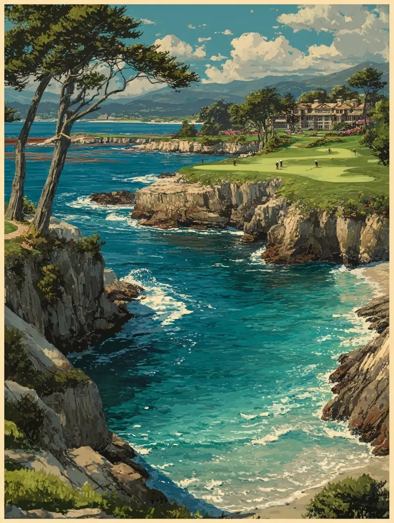 A picturesque coastal golf course unfolds, nestled between dramatic cliffs and the tranquil ocean.  Golfers are visible on the verdant green, overlooking the stunning turquoise waters.  A luxurious hotel sits atop the cliff, adding to the scene's opulence. The vibrant colors and serene atmosphere capture the beauty of a seaside paradise.  Cypress trees frame the idyllic setting.