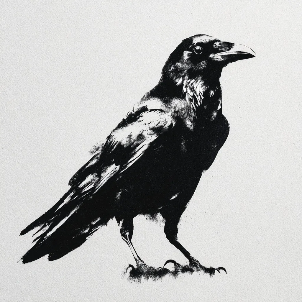 A striking black and white illustration of a crow.  The artwork uses a textured, almost stenciled effect, creating a stark contrast between the bird's dark form and the light background. The crow is depicted in profile, its feathers rendered with a sense of movement and detail, despite the limited color palette. The piece evokes a feeling of both power and mystery.