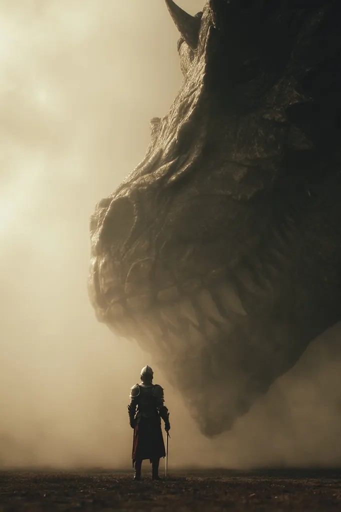 A lone knight in full plate armor stands before an enormous, menacing dragon's head.  The scene is shrouded in a hazy, sepia-toned atmosphere, creating a dramatic and ominous mood. The knight's small stature emphasizes the dragon's immense size and power, hinting at an impending confrontation or a moment of quiet contemplation before battle.  The overall feeling is one of epic scale and impending conflict.