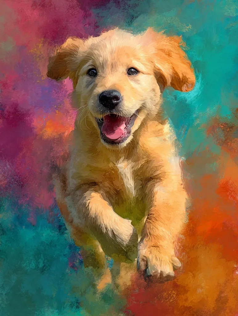 A vibrant, painterly portrait depicts a golden retriever puppy in mid-leap.  The joyful expression on its face is emphasized by its open mouth and bright eyes.  The background is a colorful explosion of teal, orange, and pink hues, creating a dynamic and energetic composition. The artist's style blends realism with impressionistic brushstrokes, giving the image a lively and expressive quality.