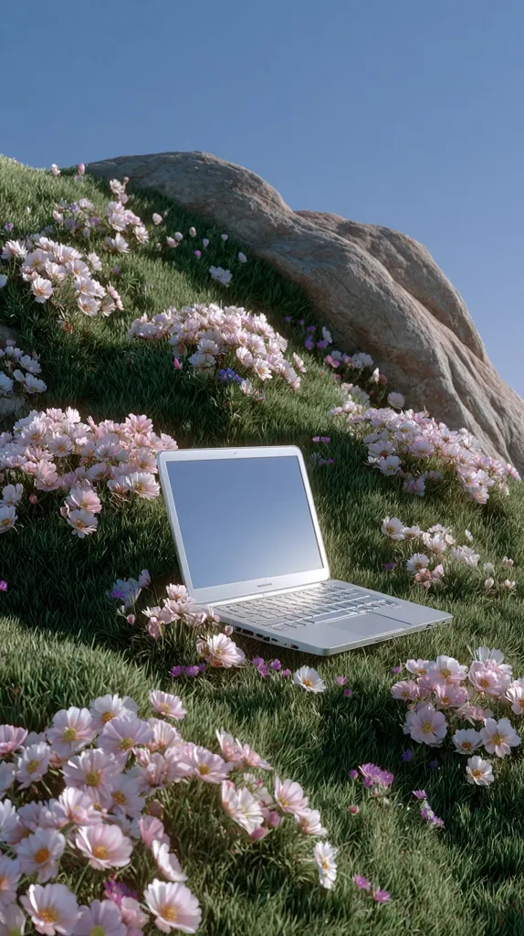 A silver laptop rests on a grassy hillside dotted with delicate pink and white flowers under a clear blue sky.  The scene is peaceful and serene, suggesting a tranquil workspace in nature.  The laptop screen is blank, inviting the viewer to imagine the work or relaxation taking place.  The overall aesthetic is calming and aesthetically pleasing.