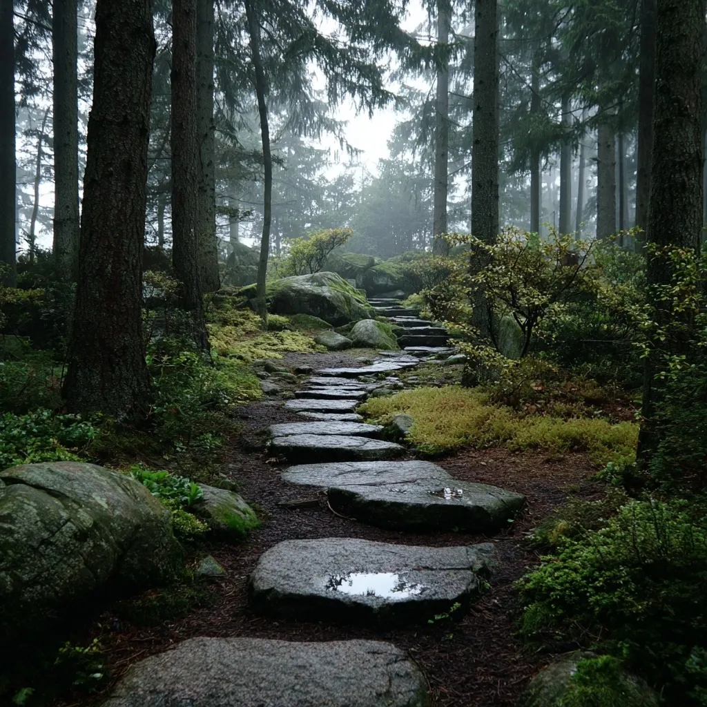 A stone path winds through a misty forest.  Tall, dark trees line the path, their branches draped in fog.  Moss covers the rocks and ground, creating a lush, green carpet.  The air is still and serene, the scene evokes a sense of mystery and tranquility.  A small puddle reflects the sky on one of the stepping stones.