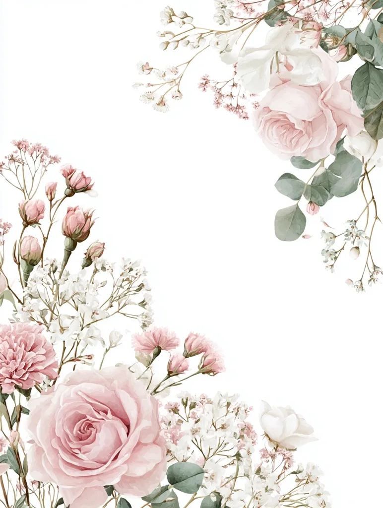 A watercolor painting showcases a delicate floral arrangement.  Pale pink roses, complemented by smaller blossoms and sprigs of eucalyptus, create a soft, romantic border around a central white space.  The overall style is elegant and feminine, ideal for invitations or other celebratory designs.  The muted pastel tones evoke a sense of tranquility and grace.
