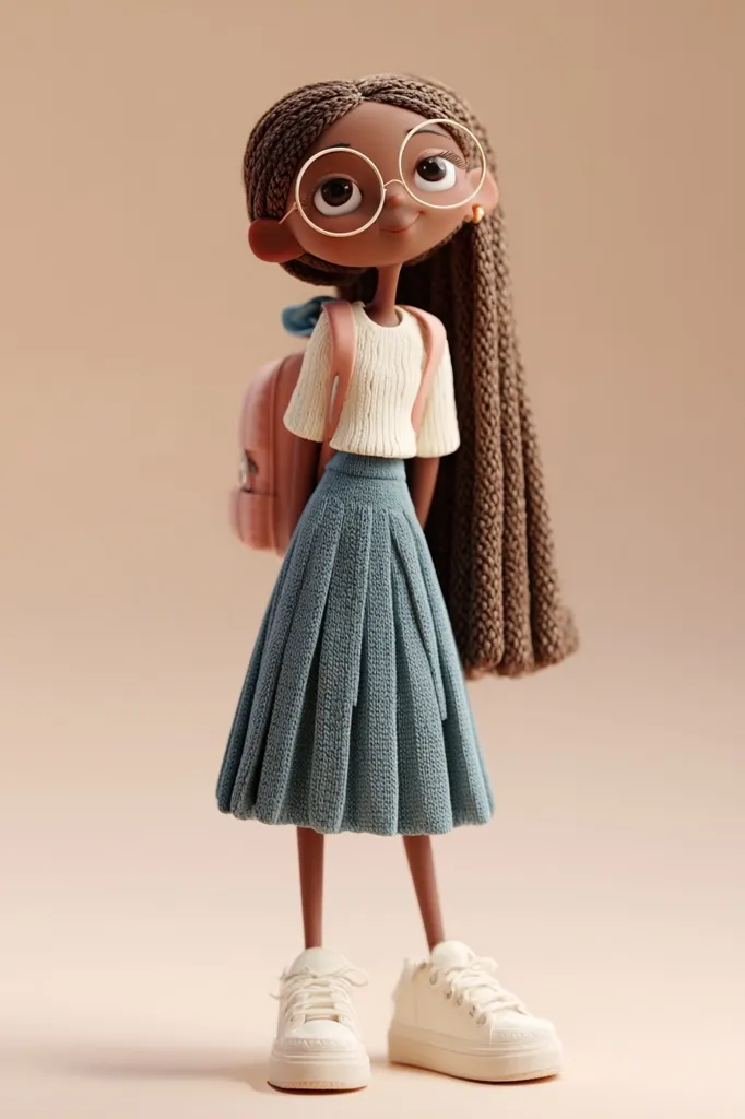 A charming 3D-rendered girl with dark skin and long braids is depicted.  She wears round glasses, a cream-colored sweater, a pleated teal skirt, and white sneakers. A pastel pink backpack rests on her shoulders.  Her large eyes and expressive pose convey a sense of youthful optimism and inquisitiveness. The overall style is cute and slightly stylized.