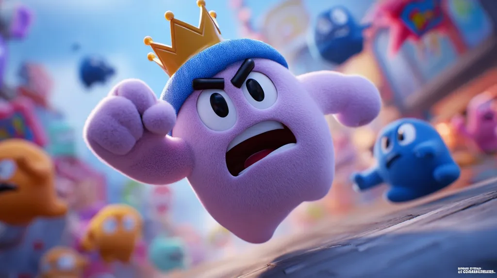 A purple, fuzzy ghost character, wearing a blue headband and a gold crown, runs forward with a determined expression.  Other smaller, similarly styled ghosts are blurred in the background, suggesting a chase or race. The scene is bright and colorful, with a carnival-like atmosphere. The overall style is playful and cartoonish, indicative of a children's animation.